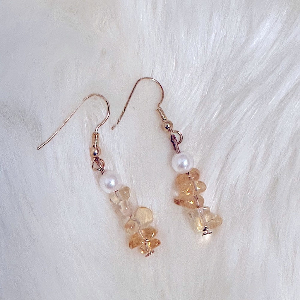 🆕Handmade Natural Gems Dangle Earrings CITRINE Crystal Quartz & Pearls Earrings
